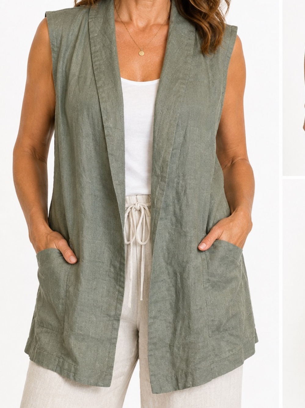 St. Tropez West 100% Linen Open-Front Long Vest Sage Green Size Large Boho